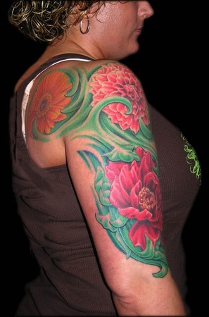 Looking for unique  Tattoos? Gerber Daisy, Dahlia and Peony Floral Sleeve